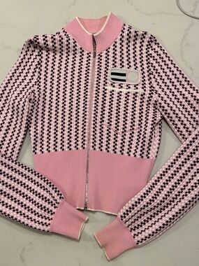 Miu Miu 2018 Archive Pink Checked Knit Cropped Zip Cardigan Jacket IT 38